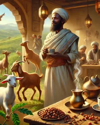 کالدی چوپان اتیوپیایی در حال تماشای بزهایش که دانه‌های قهوه می‌خورند.