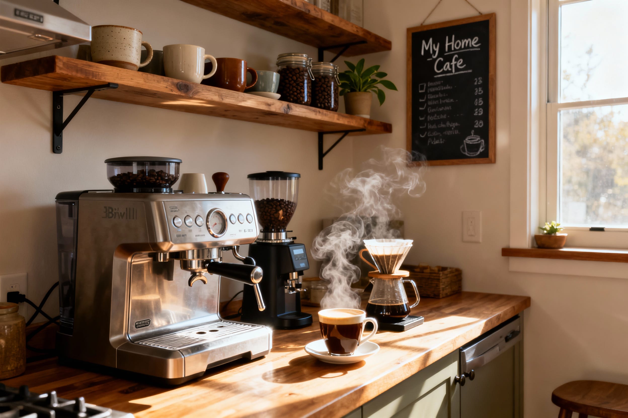 یک گوشه قهوه (Coffee Corner) زیبا و مدرن در خانه با دستگاه اسپرسوساز، آسیاب قهوه و قفسه‌های چوبی پر از ماگ. راه اندازی کافی شاپ خانگی